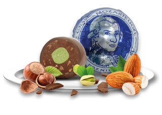 Mozartkugeln — Austrian marzipan and nougat chocolate balls, cut open