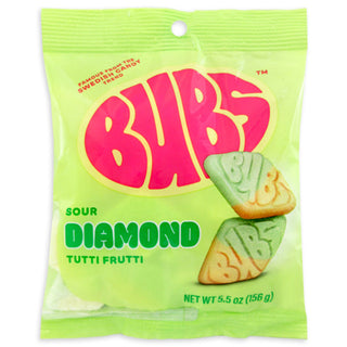 Green package of BUBS Sour Diamond Tutti Frutti candy on a white background