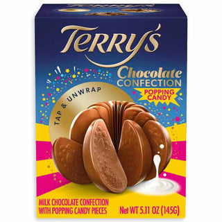 Terry's Chocolate Confection packaging with chocolate cookies and popping candy on a colorful background