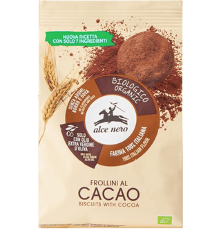 A pack of Alce Nero organic cocoa biscuits.