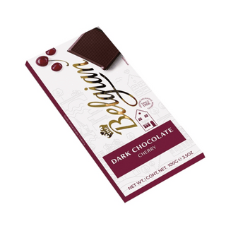 Dark chocolate cherry bar with 'Belgian' branding on a white background