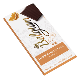 Belgian Dark Chocolate bar with Orange flavor.