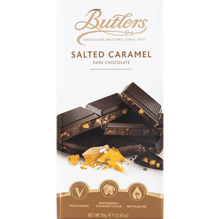 Butlers 58% Dark Chocolate bar with Salted Caramel pieces.