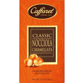 Caffarel Milk Chocolate bar with caramelized hazelnut pieces.