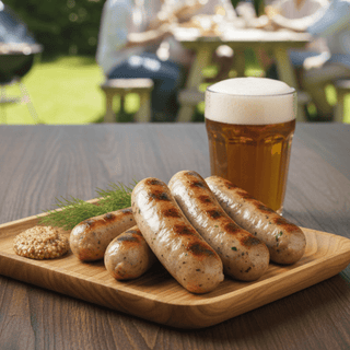 Grilled sausages on a wooden plate with a glass of beer, set against a blurred outdoor background with people and a grill.