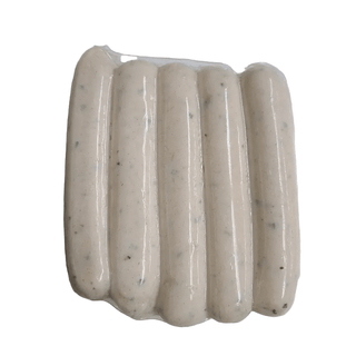 Pack of white sausages in clear plastic packaging on a white background