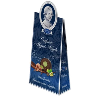 Blue packaging with a portrait and product images on a white background