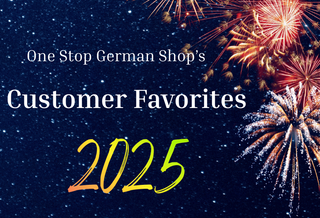Fireworks display with 'One Stop German Shop's Customer Favorites 2025' text on a dark blue background.