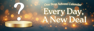 Promotional banner for 'One Stop Advent Calendar' with a question mark and gold platform on a dark background.