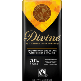 Divine 70% Dark Chocolate bar with ginger and orange flavors.