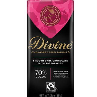 Divine 70% Dark Chocolate bar with tangy raspberry pieces.