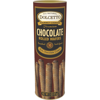 Elegant tin of Dolcetto Chocolate Cream filled rolled wafers.