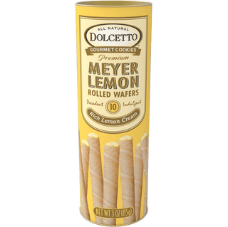 A decorative tin of Dolcetto Meyer Lemon rolled wafer cookies.
