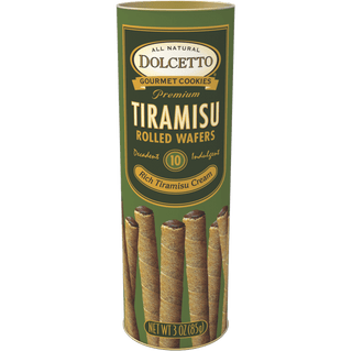 Dolcetto Tiramisu flavored rolled wafer cookies in a tall tin.
