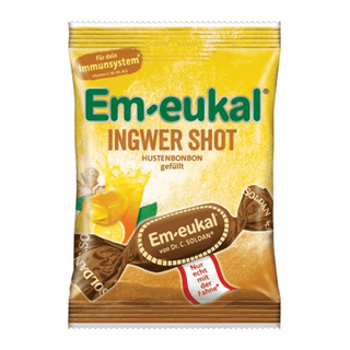 Em-eukal ginger shot candy package on a white background