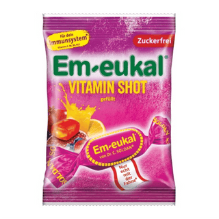 Em-eukal Vitamin Shot packaging with pink and purple design on a white background