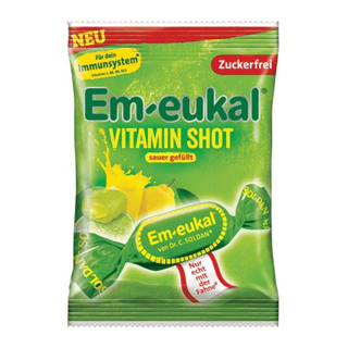 Em-eukal Vitamin Shot packaging with green and red design on a white background