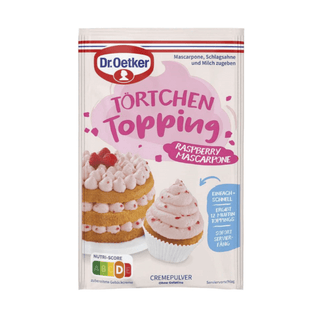 Packaging of Dr. Oetker Raspberry & Mascarpone Cupcake Topping, showing the product name, a picture of cupcakes with the topping, and nutritional information.