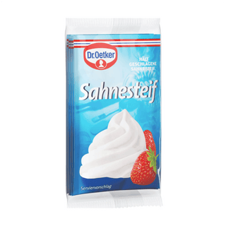 Packaging of Dr. Oetker Sahnesteif whipped cream substitute with a strawberry on a white background