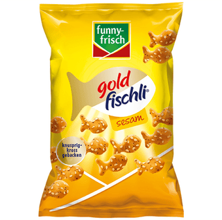 Packaging of funny-frisch gold fischli sesame snacks on a white background