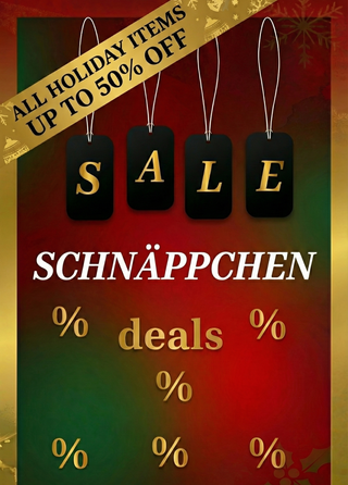 Holiday sale advertisement with 'Schnäppchen' deals on a red and gold background.