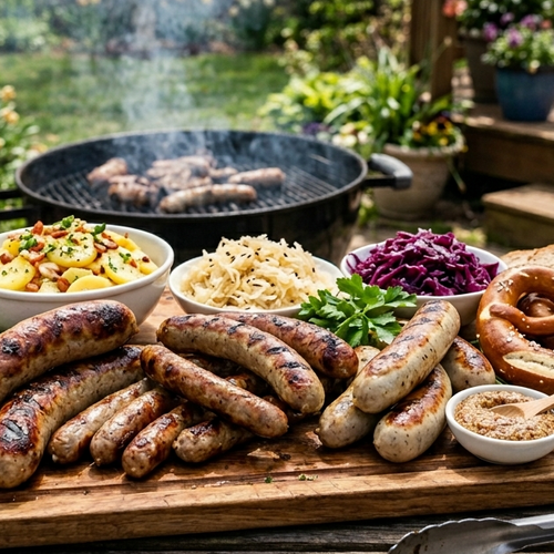 Outdoor setting with grilled sausages on a wooden board, surrounded by condiments and pretzels.
