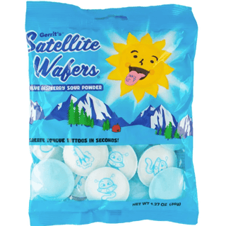 Blue raspberry flavored satellite wafer UFOs with sour powder.