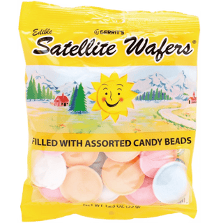 Satellite wafer discs filled with colorful crunchy candy beads.