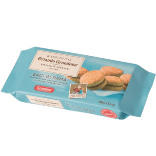 Traditional Grondona Baci Di Dama hazelnut cookies with chocolate.