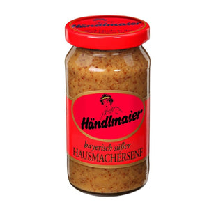 A jar of Händlmaier sweet mustard with a red label on a white background.