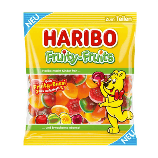 Haribo Fruity-Fruits gummy candy package with a cartoon bear character on a white background