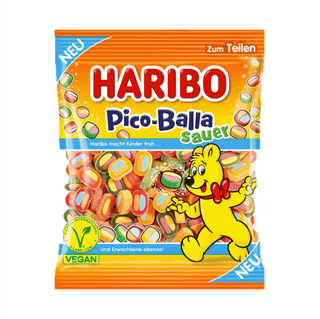 Haribo Pico-Balla Sauer candy package with a cartoon bear character on an orange background