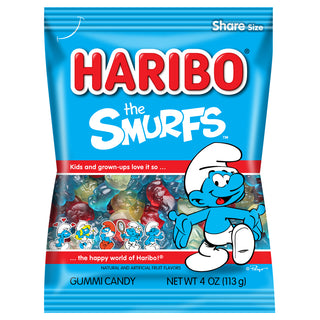 Haribo Smurfs gummy candy package on a white background