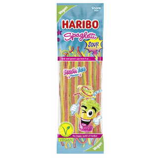 Haribo Spaghetti Sour candy package on a white background
