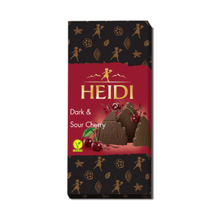 HEIDI dark chocolate bar packaging with cherry illustration on a white background