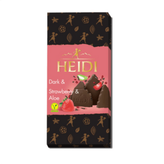 HEIDI chocolate bar packaging with dark chocolate pieces and strawberry illustration on a pink background
