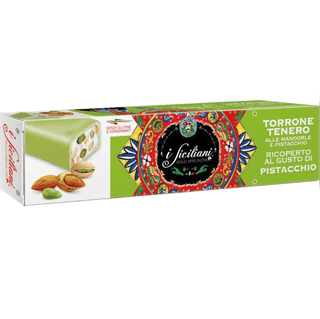Isiciliani Soft Almond and Pistachio nougat bar with a pistachio coating.