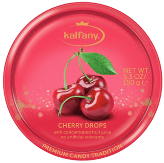Kalfany Cherry flavored hard candies in a deep red tin.