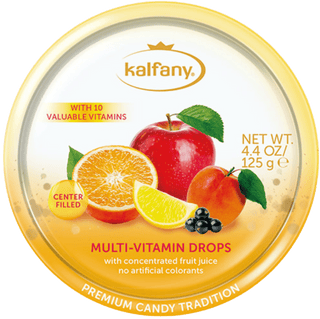 A travel tin of Kalfany Multivitamin fruit candies.