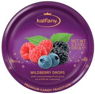 Kalfany Wildberry flavored hard candies in a purple tin.
