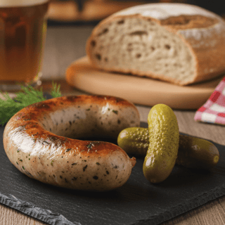 Sausage with pickles and a glass of beer on a wooden table