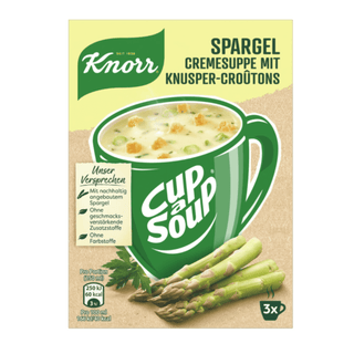 Packaging for Knorr Cup a Soup with asparagus cream soup depicted in a cup, surrounded by asparagus tips and vegetable ingredients.