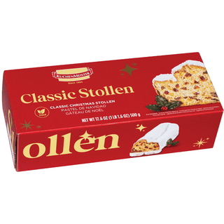 Red box of KuchenMester Classic Stollen with images of the cake on a white background