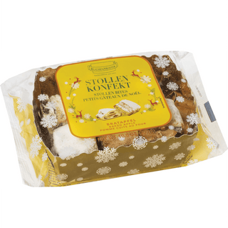 Packaged Stollen Konfekt with a yellow label on a white background