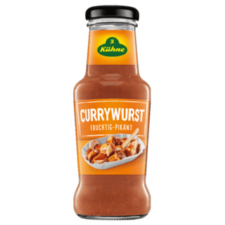 Bottle of Kühne Currywurst sauce on a white background