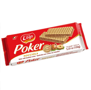A pack of Lago Poker Hazelnut cream-filled stick wafers.