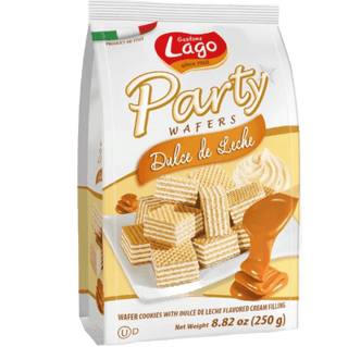 A bag of Lago Quadratini Party Dulce De Leche wafer cubes.