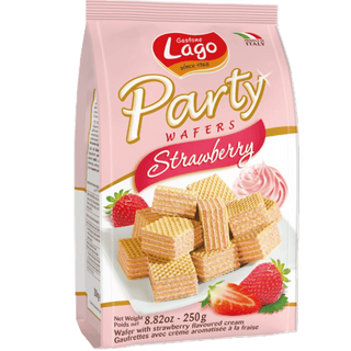 A bag of Lago Quadratini Strawberry cream-filled wafer cubes.