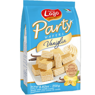 A bag of Lago Quadratini Vanilla cream-filled wafer cubes.