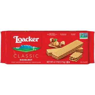A package of Loacker Hazelnut cream-filled wafer cookies.